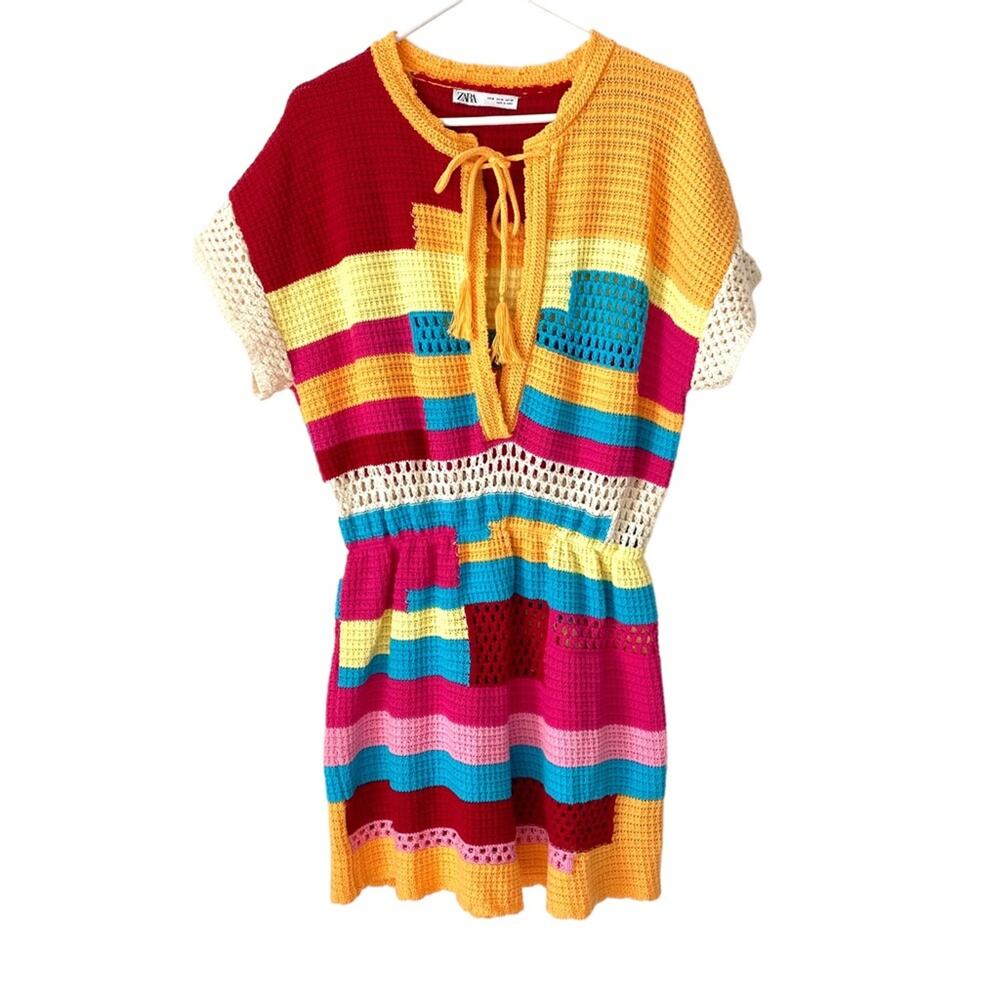 Zara Crochet Multicolor Open Neck Pink Blue Granny Romper medium